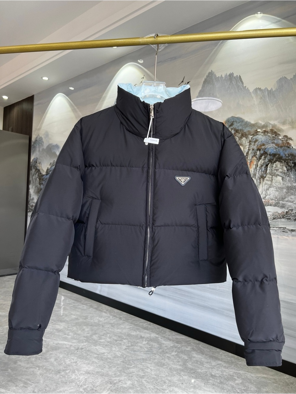Prada Black Quilted Cropped Down Jacket with Triangle Logo